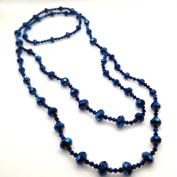 Blue Iridescent Beaded Necklace, No Clasp, Two Strands, 28 Inches - Picture 2 of 8